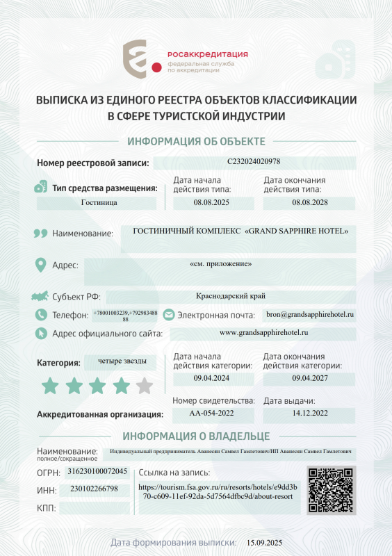 Выписка из единого реестра объектов классификации в сфере туристической индустрии